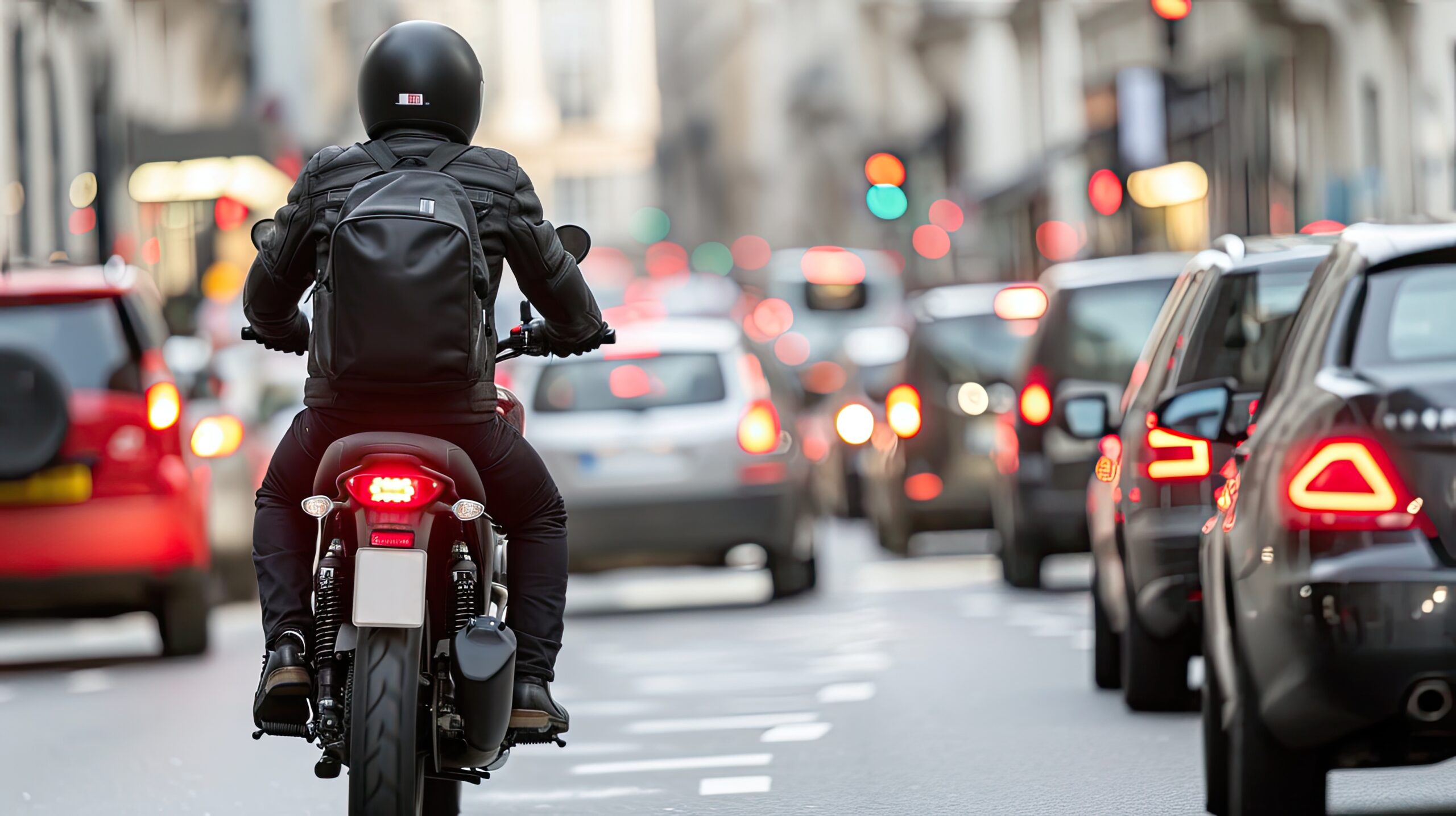 Motorcyclist riding between lanes of slow traffic on a Los Angeles freeway