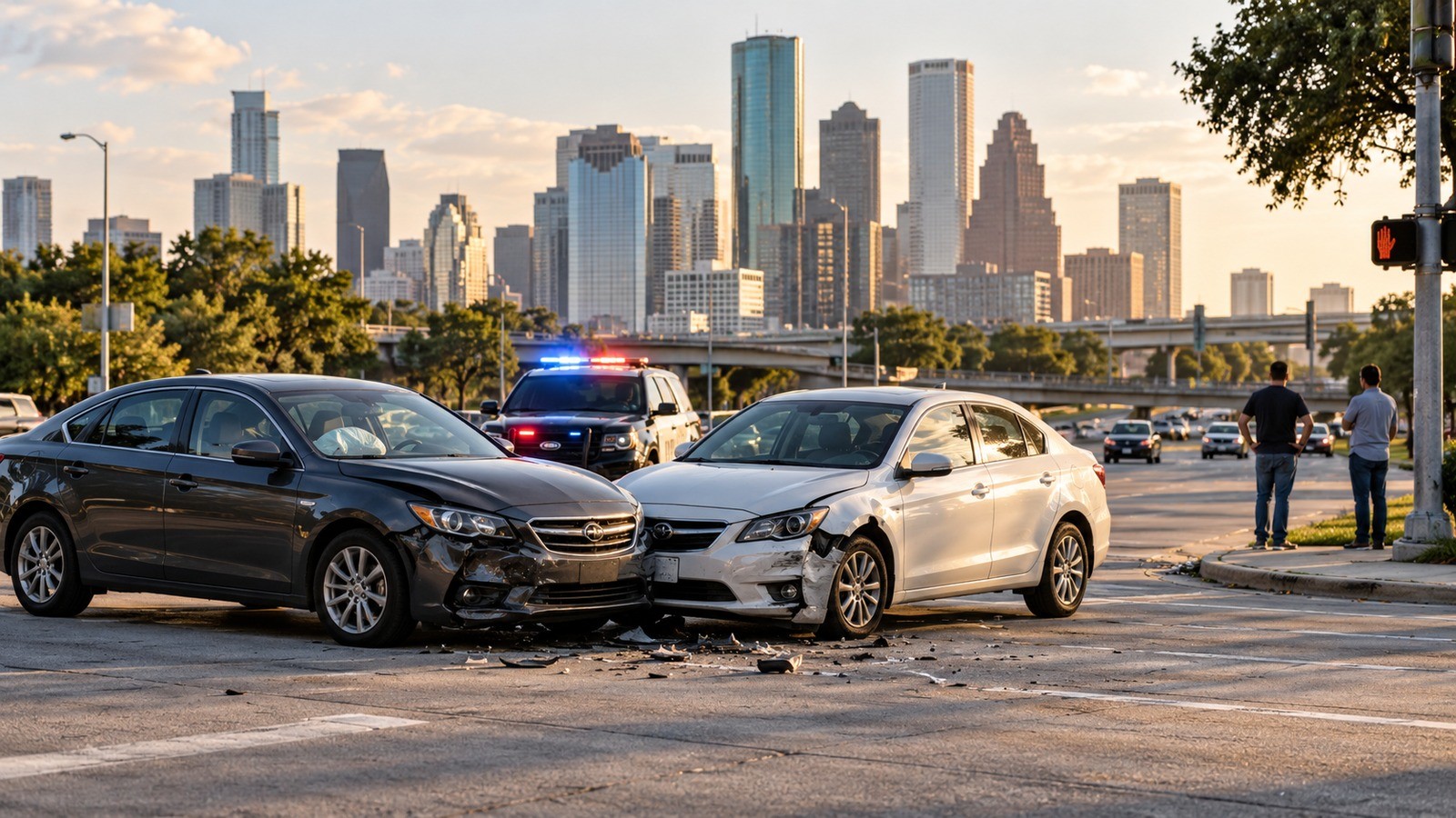 Two damaged cars stopped at a Houston intersection after a collision