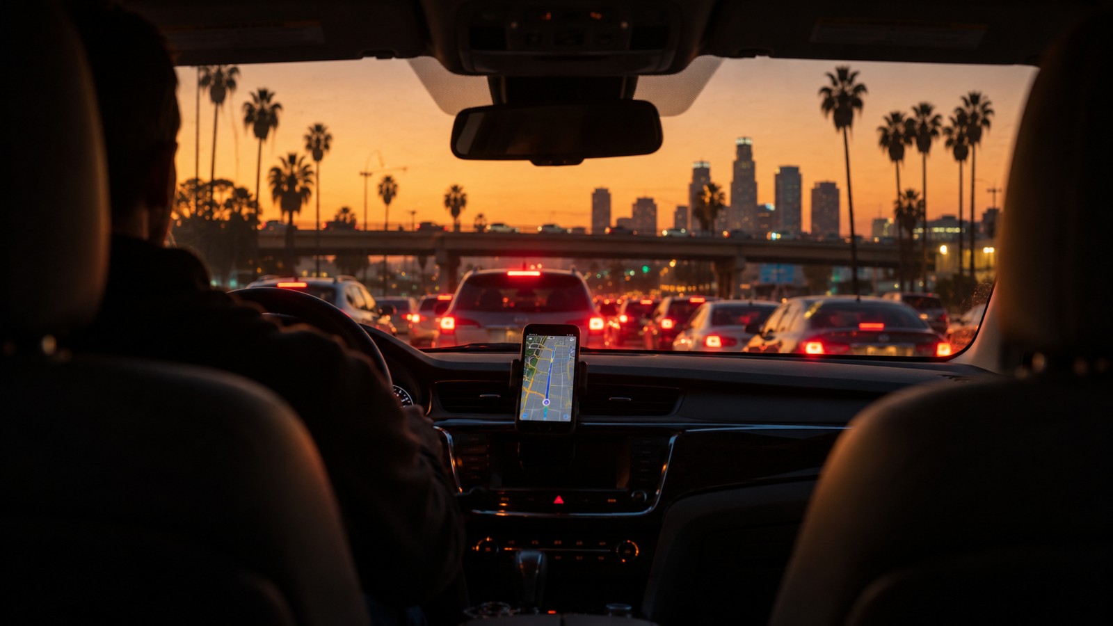 Passenger in the back seat of a rideshare car in Los Angeles traffic at dusk