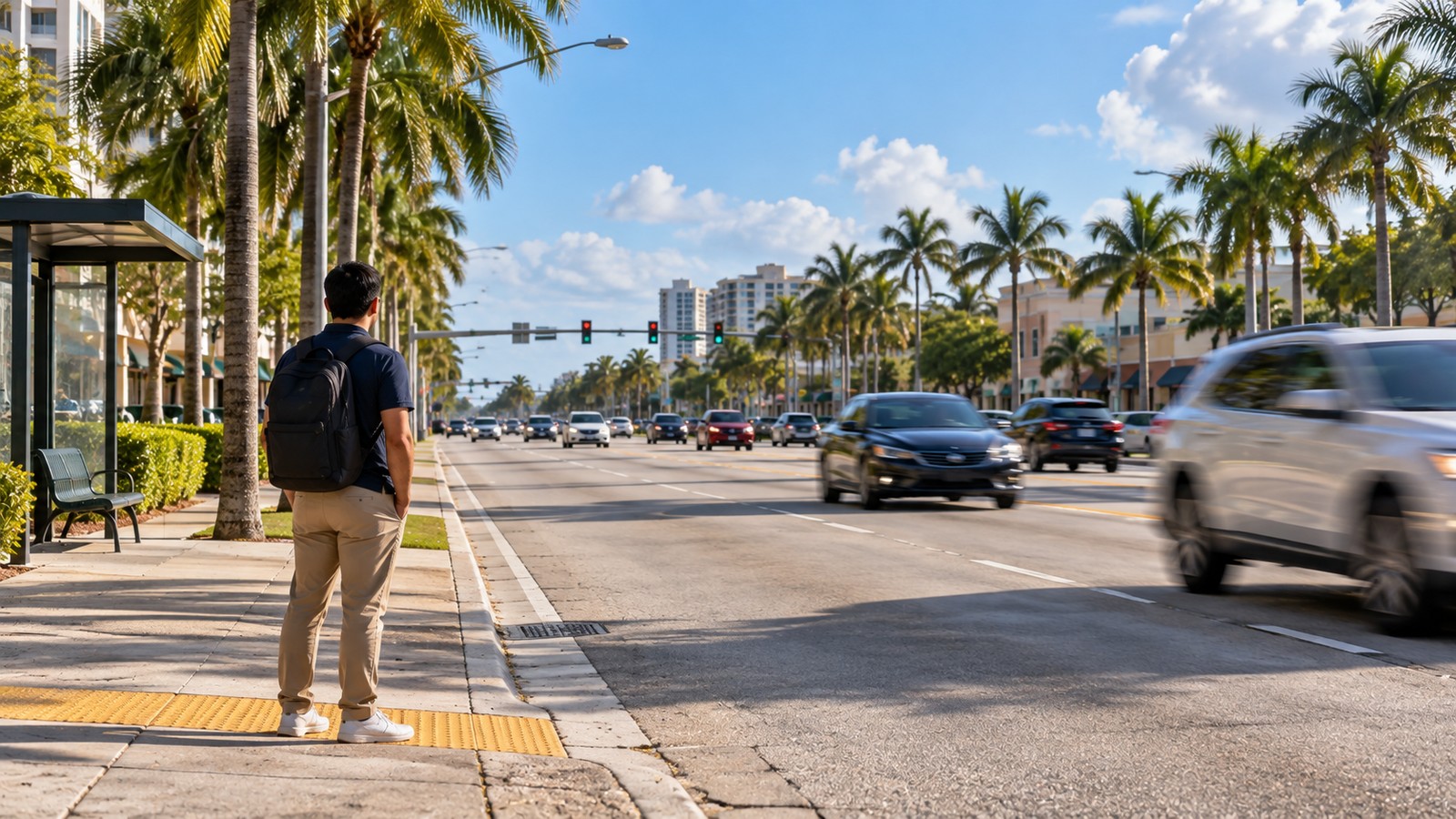 Pedestrian waiting to cross a wide multi lane boulevard in Fort Lauderdale